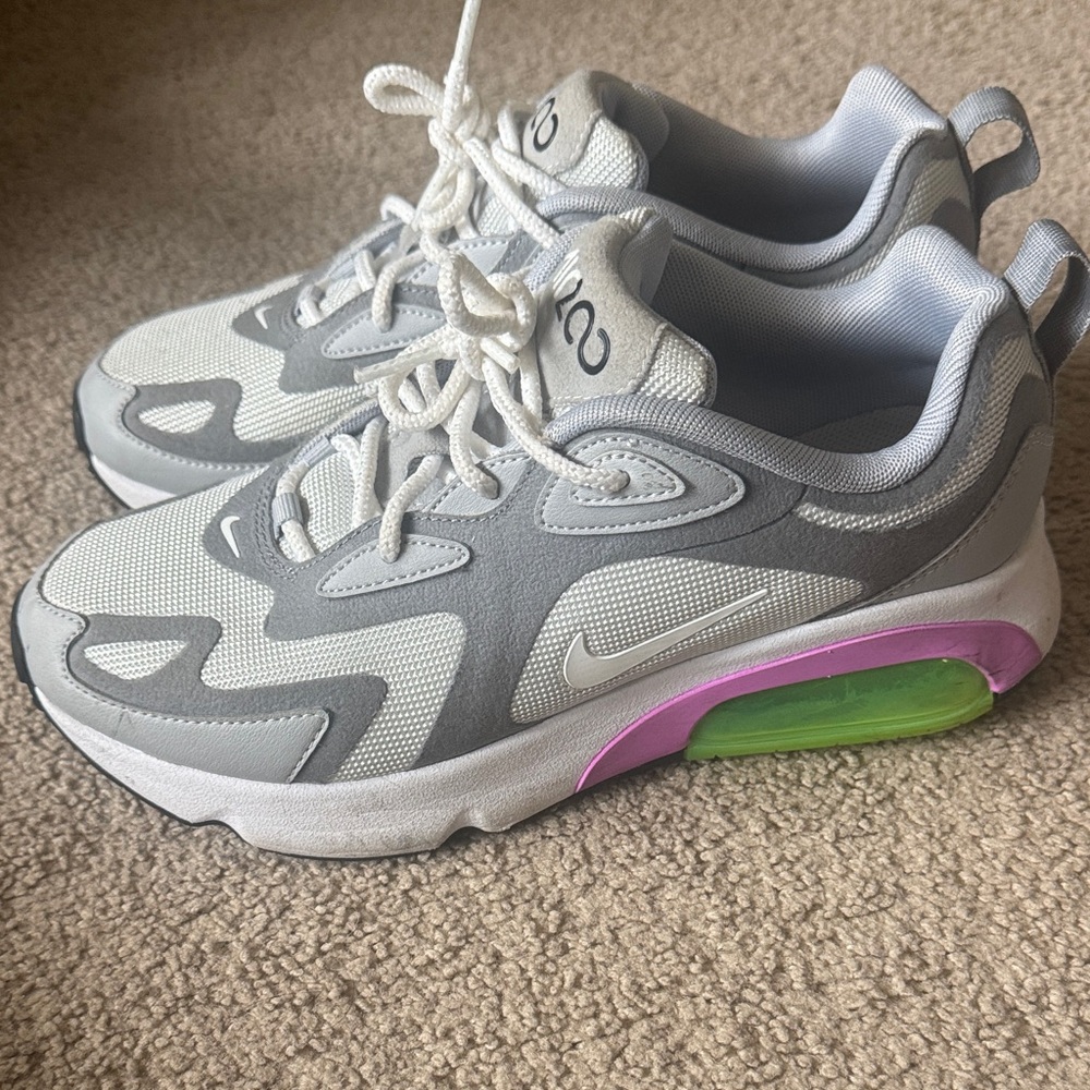 Kids Gray and White Sneakers with Green and Purple Accents